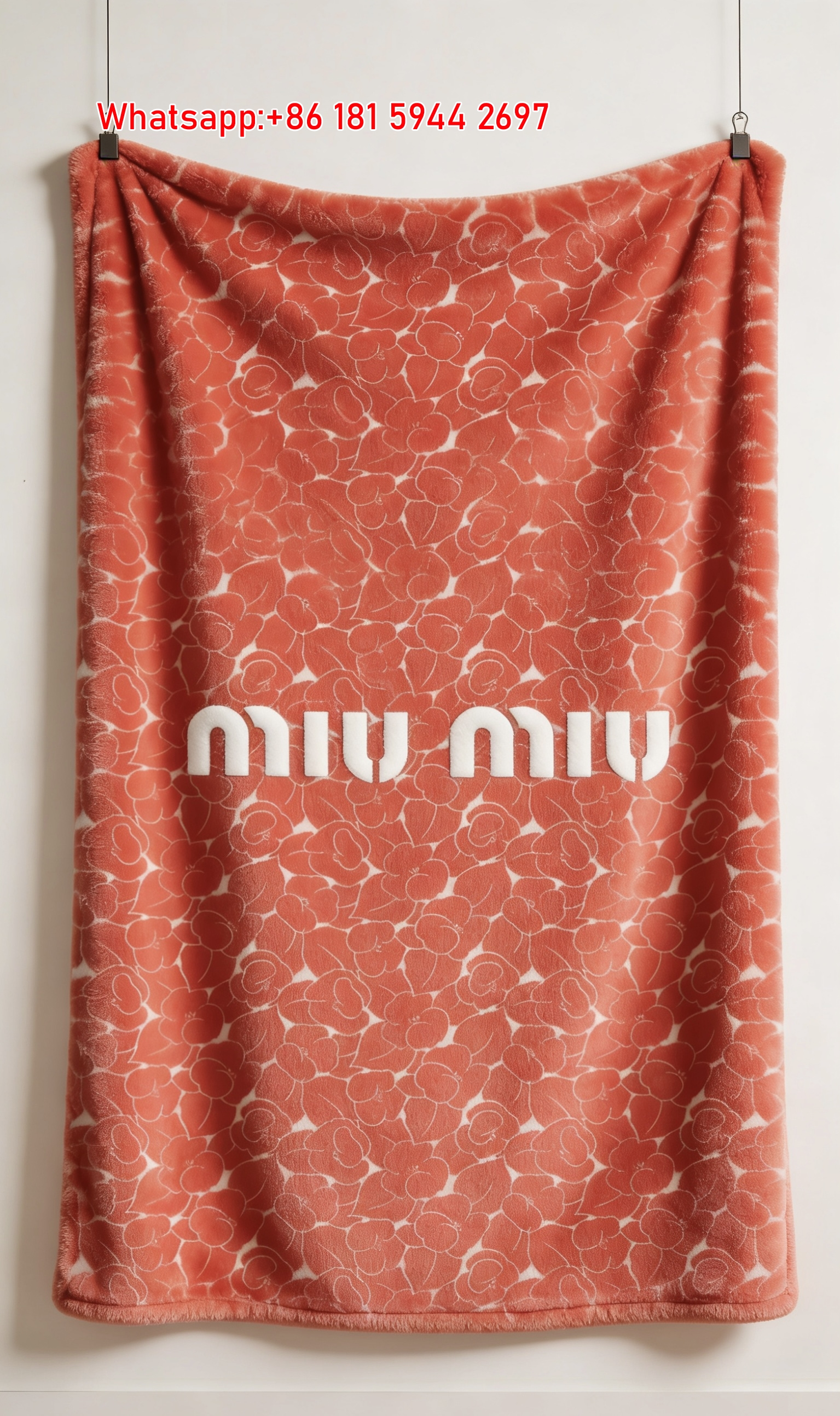 Miu Miu Coral Red Floral Pattern Flannel Throw Blanket Miu Miu White Logo Printed Sofa Blanket IMG_0368